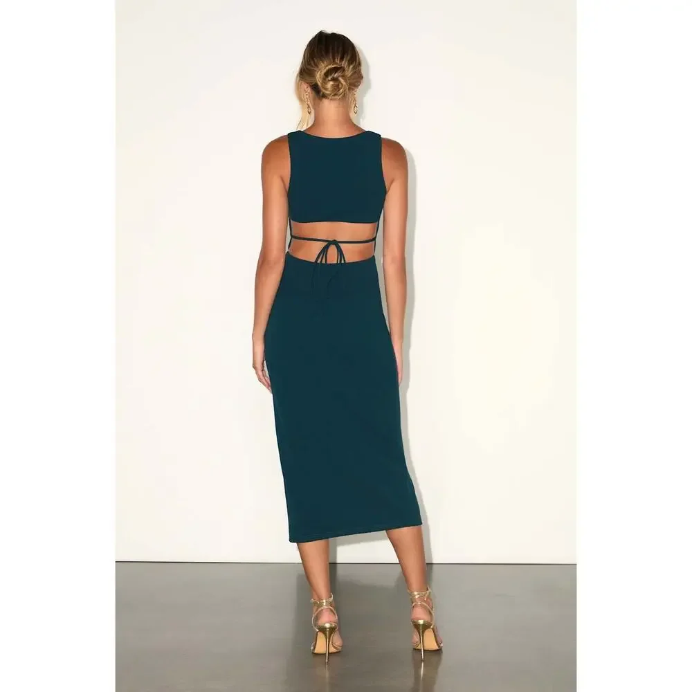 NWT Lulus Sultry Elegance Dark Teal Cutout Bodycon Midi Dress Gala Banquet Sz S - Picture 3 of 7